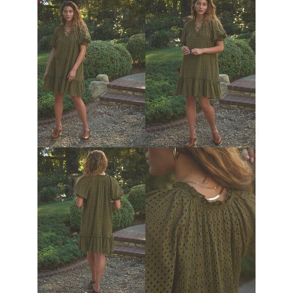 The Odells Thread Eyelet Peasant Mini Dress Women's Small Cottagecore Green - Picture 1 of 6